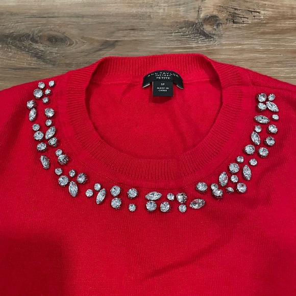 Red Holiday Sweater Embellished Neck | Ann Taylor Factory - Picture 4 of 8